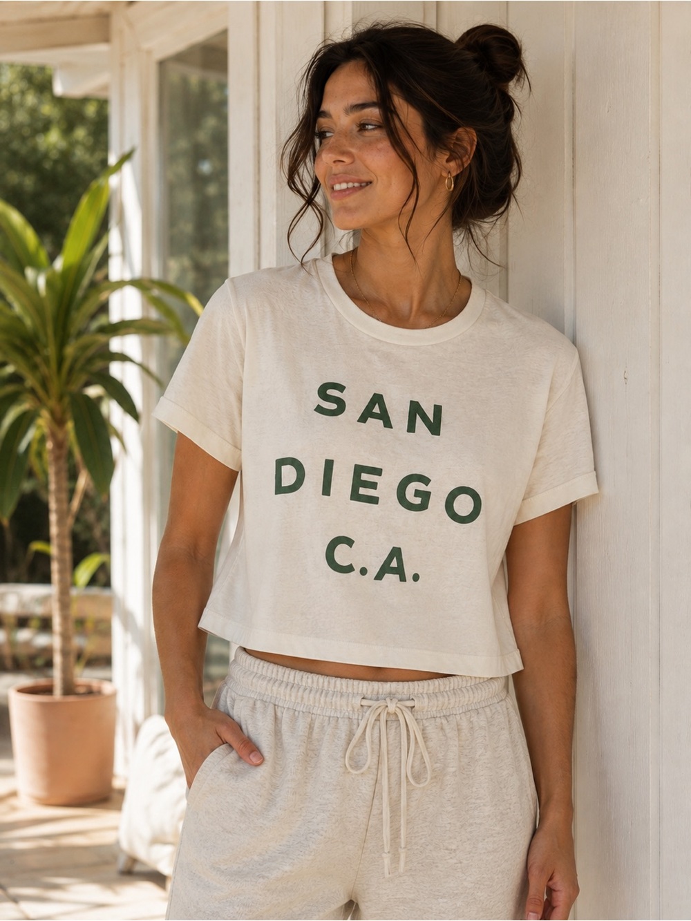 MONIKER San Diego CA Organic Cotton Cropped Graphic Tee Cream Small